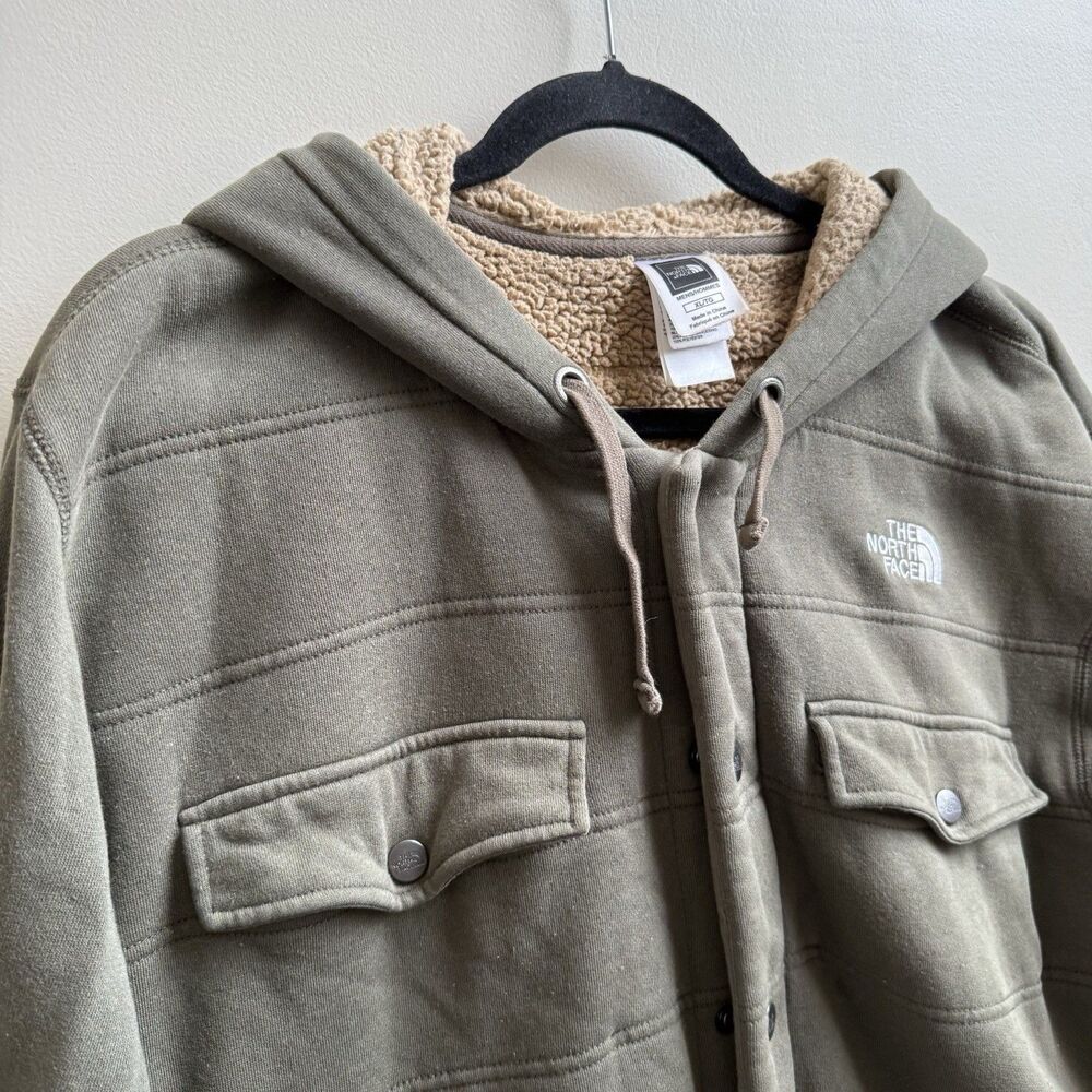 The North Face Mens Sherpa Lined Hoodie Jacket Olive Green Zip Snap Size XL - Picture 1 of 9